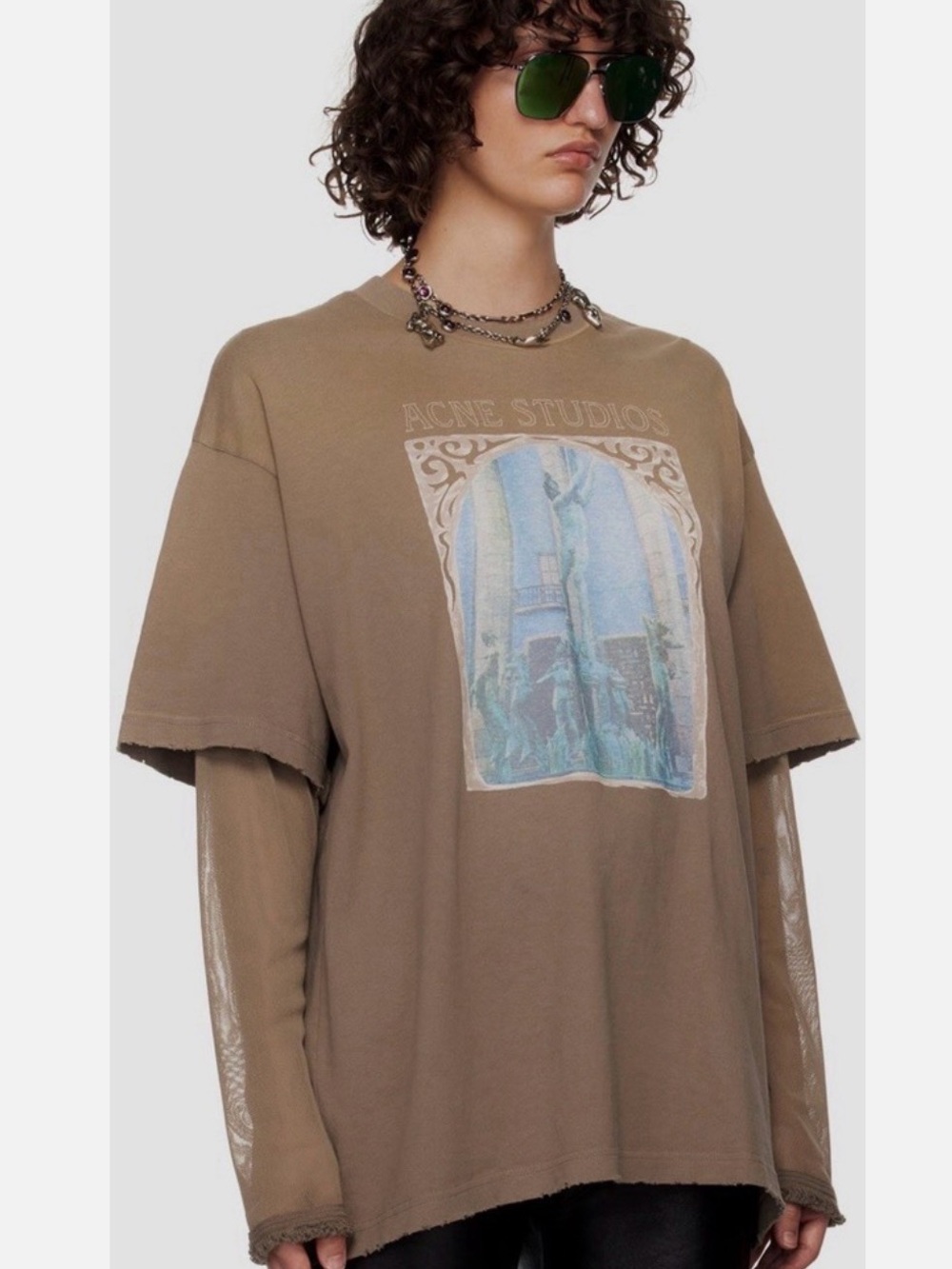 Acne Studios taupe graphic t-shirt with layered, double-sleeves in XS